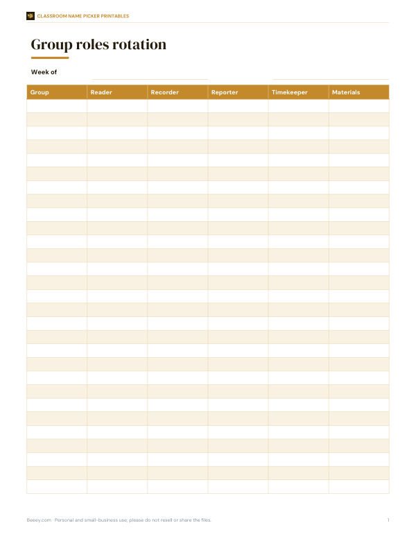Preview of Printable Group Role Rotation Chart