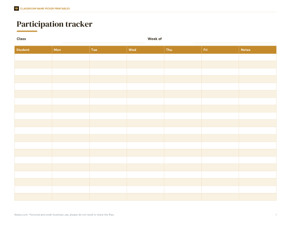 Preview of Printable Participation Tracker